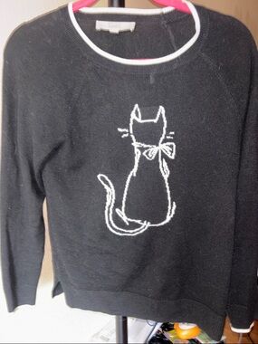 LOFT Black Sweater with White Cat Graphic and Contrast Trim